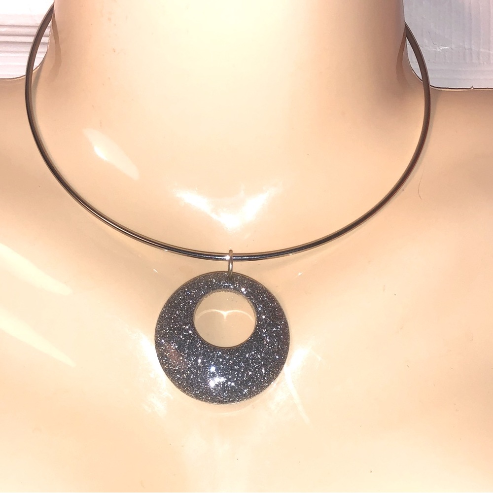 Retrofuturistic Steel Necklace With Silver Glitter Pendant Cyberpunk Atompunk